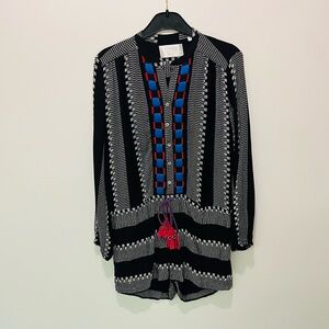 Black and White Boho Shorts Romper with Red and Blue Accents - draw string waist